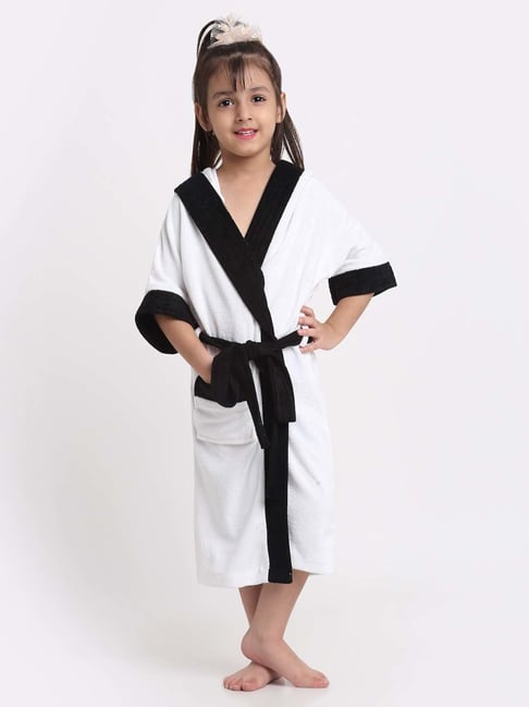 Creeva Melodious White & Black Micro Terry 225 GSM Kids Hooded Bathrobe 14-15 Years With Pocket