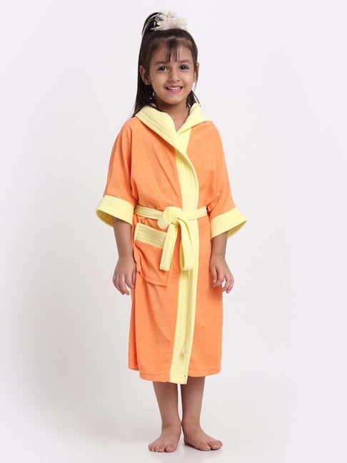 Creeva Melodious Orange & Yellow Micro Terry 225 GSM Kids Hooded Bathrobe 12-13 Years With Pocket