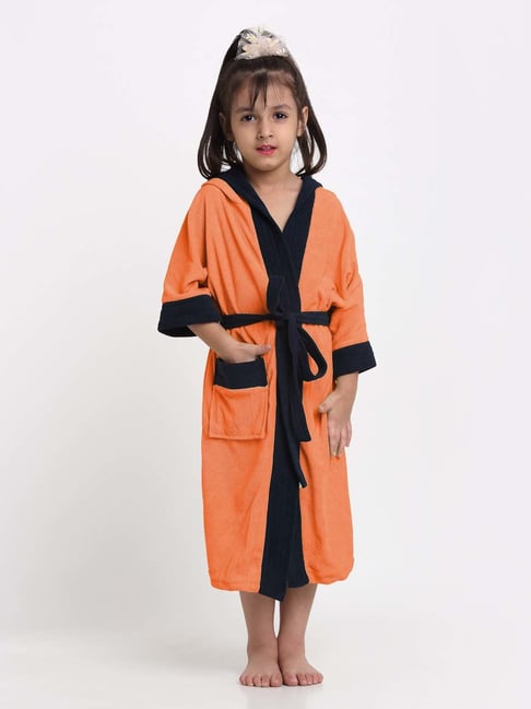Creeva Melodious Orange & Navy Micro Terry 225 GSM Kids Hooded Bathrobe 8-9 Years With Pocket