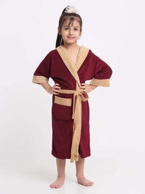Creeva Melodious Wine & Camel Micro Terry 225 GSM Kids Hooded Bathrobe 8-9 Years With Pocket