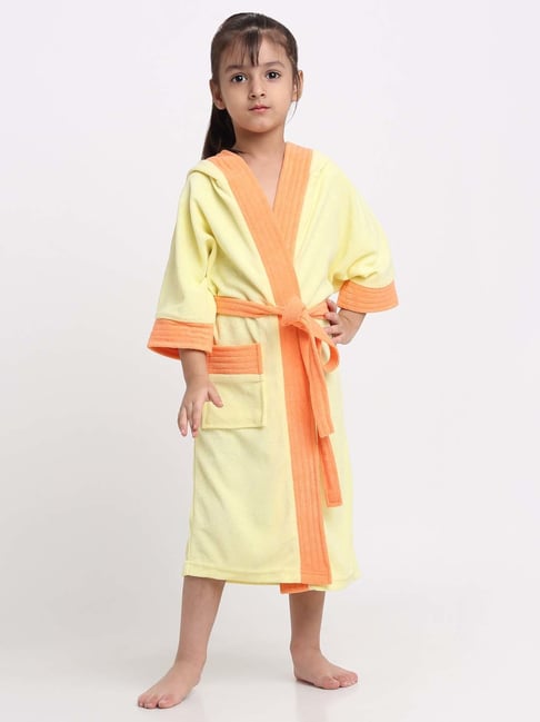 Creeva Melodious Yellow & Orange Micro Terry 225 GSM Kids Hooded Bathrobe 4-5 Years With Pocket