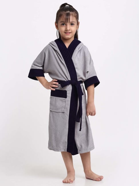 Creeva Melodious Grey & Navy Micro Terry 225 GSM Kids Hooded Bathrobe 10-11 Years With Pocket