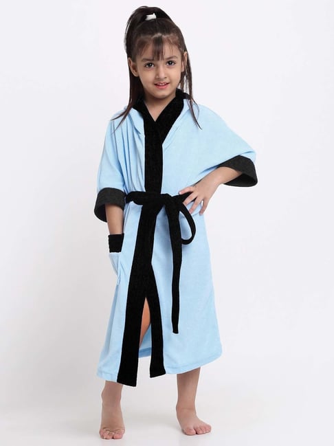 Creeva Melodious Sky Blue & Black Micro Terry 225 GSM Kids Hooded Bathrobe 8-9 Years With Pocket