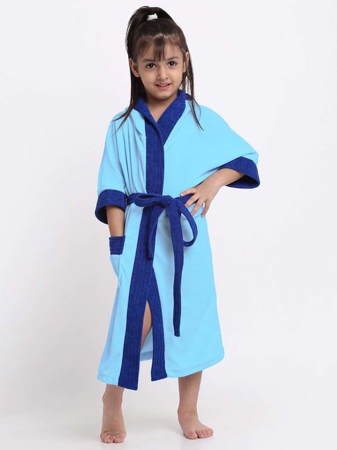 Creeva Melodious Ocean Blue & Turkish Terry 225 GSM Kids Hooded Bathrobe 14-15 Years With Pocket