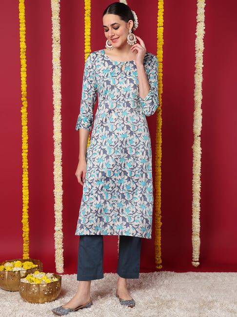 Vaamsi Blue & White Printed Straight Kurta-picture-19
