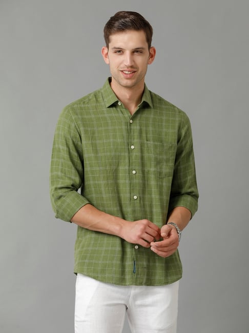 Linen Club Green Contemporary Fit Check Linen Shirt