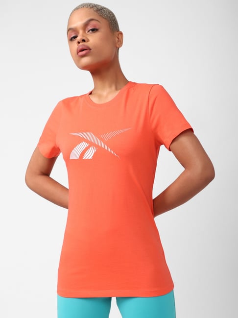 Reebok Orange Cotton Printed T-Shirt