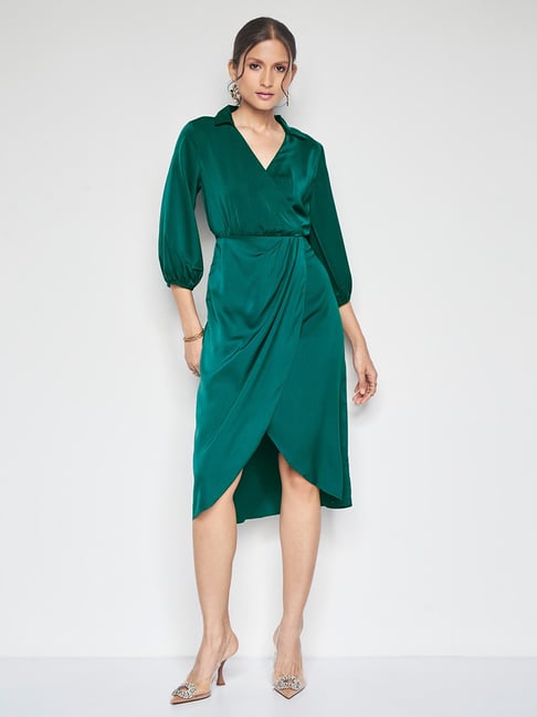 Clara Angel Sleeve Wrap Satin Midi Dress in Sage Green | Bridesmaid &  Wedding Guest Dresses – Liena