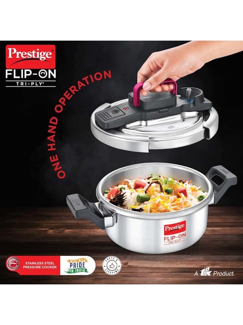 Prestige Silver And Black Stainless Steel 18 cm Flip-On Pressure Cooker  With Glass Lid (2 L)