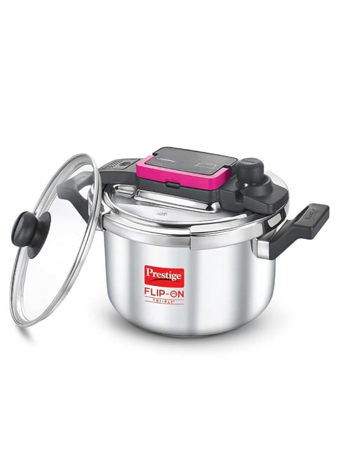 Prestige Silver And Black Stainless Steel 22 cm Flip-On Pressure Cooker  With Glass Lid (5 L)