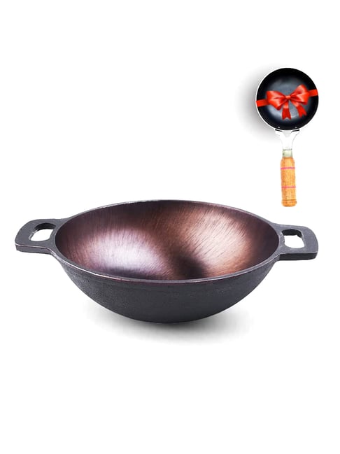 The Indus Valley Black Cast Iron Kadai for Deep Frying with Tadka Pan (25.4cm, 2.5L)