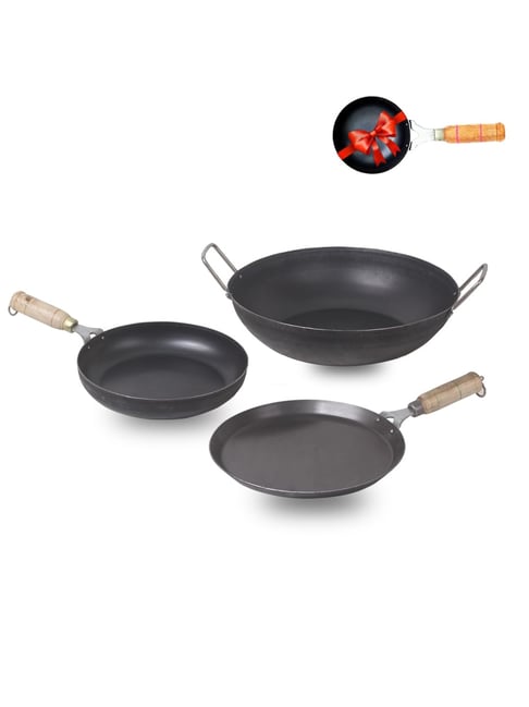 Buy Meyer Pre- Seasoned Cast Iron 3 Piece Cookware Set - 20cm Frying pan +  20cm Dutch Oven with Interchangeable Lid, Iron Cookware Set Combo Offer