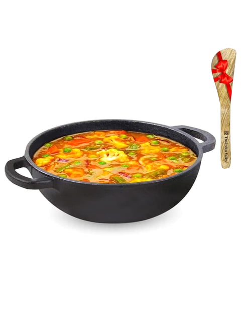 The Indus Valley Black Cast Iron Kadai with Flat handles + Free Wooden Flip (25.4 cm, 2.3L)