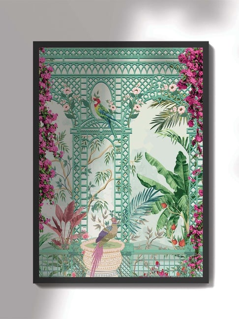 Art Street Black Engineered Wood Embossed Laminated Wall Prints Mughal Garden With Peacock Art