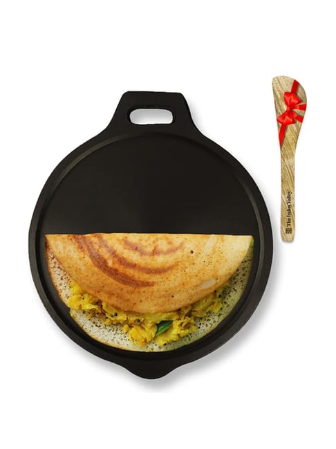 The Indus Valley Black Cast Iron Tawa with Free Wooden Spatula (27.6cm)