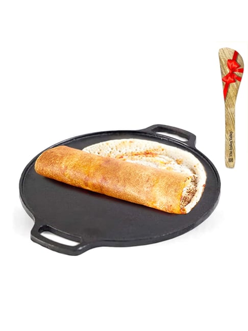 The Indus Valley Black Cast Iron Tawa for Dosa with Free Wooden Flip (30.2cm)