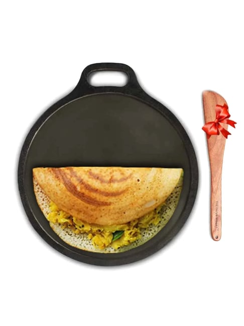 The Indus Valley Black Cast Iron Tawa for Dosa with Free Wooden Flip (30.5cm)