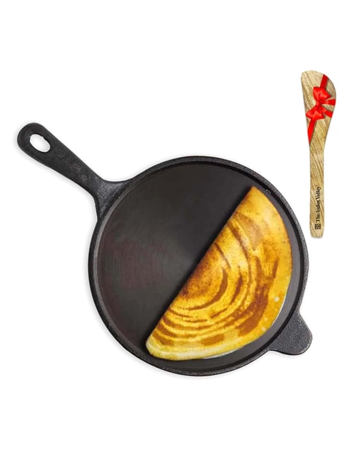 The Indus Valley Black Cast Iron Tawa for Dosa with Free Wooden Flip (25.4cm)