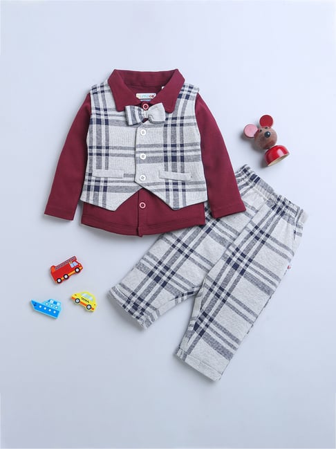 Buy Bumzee Kids Checks Shirt, Pants, Waistcoat with Bow for