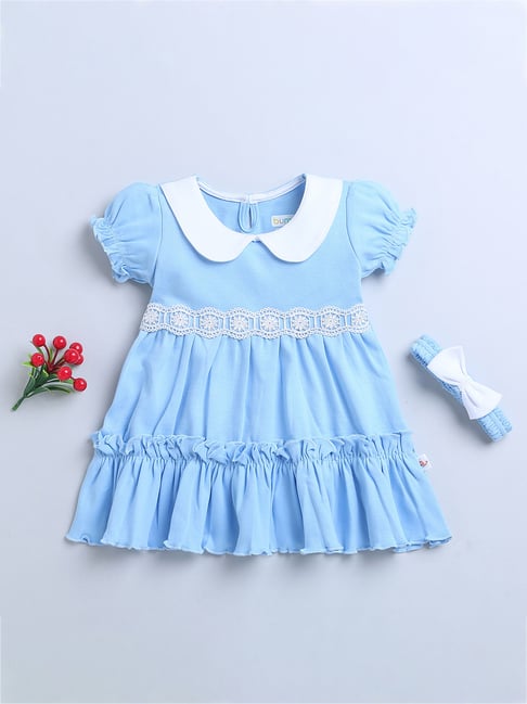 Bumzee Kids Sky Blue Solid Frock with Headband