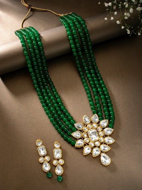 Buy Peora Gold-Plated Traditional Kundan Green Beaded Long Set