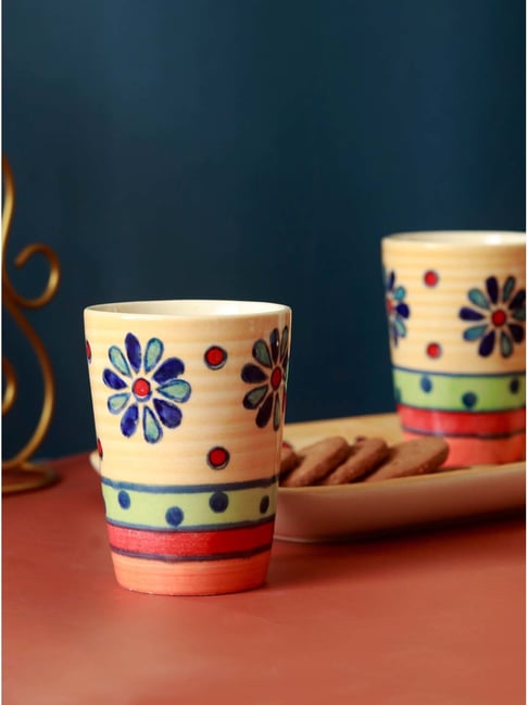 Unravel India Multicolor Flower Petals Handpainted Ceramic 2Pc Tumbler & Tray Set (0.2 L)