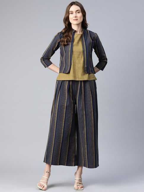 Cottinfab Navy Striped Top With Trousers & Jacket