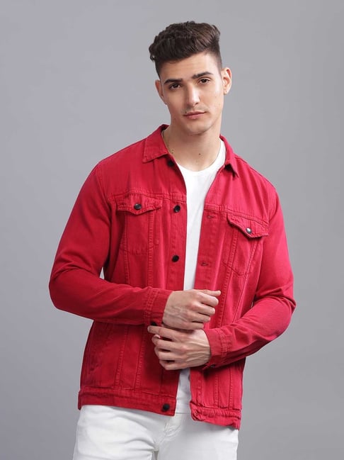 Kuons Avenue Cherry Red Regular Fit Denim Jacket