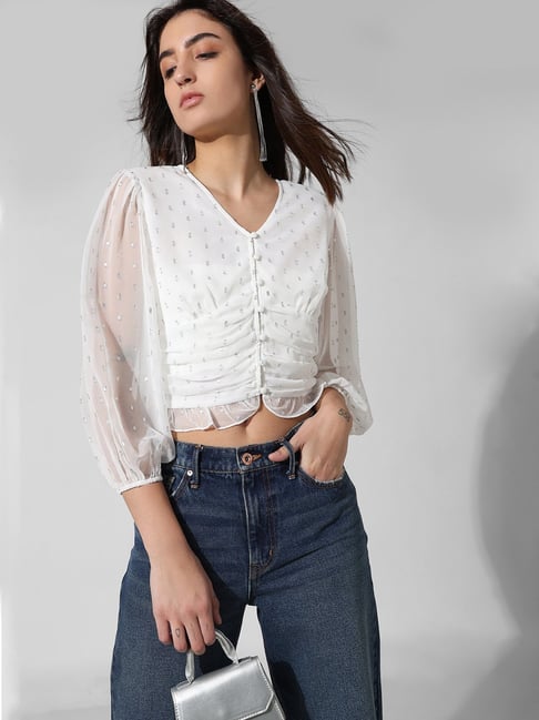 Buy Only White Cotton Self Design Crop Top for Women Online Tata