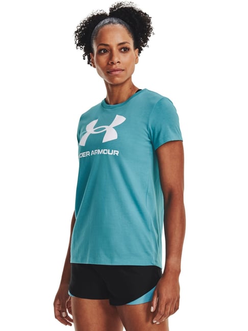 UNDER ARMOUR Blue Cotton Logo Print Sports T-Shirt
