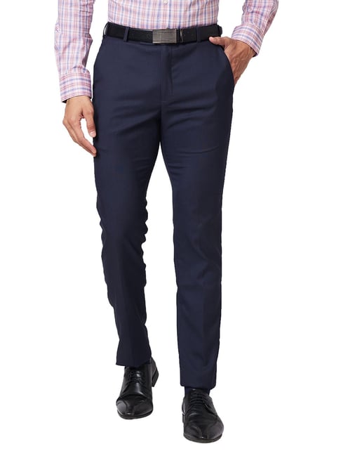 Park Avenue Navy Super Slim Fit Self Design Flat Front Trousers-picture-38