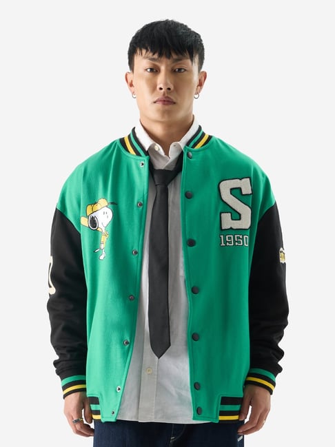 Buy Bottle Green P Varsity Jacket Online | Tistabene - Tistabene