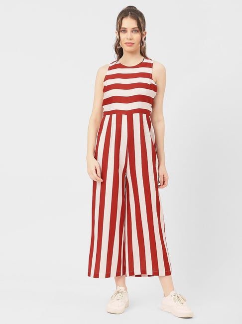 Moomaya Red & White Cotton Blend Striped Jumpsuit-picture-13