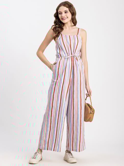 Moomaya Multicolor Cotton Blend Striped Jumpsuit