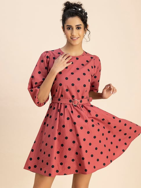 Buy Moomaya Peach Cotton Polka Dot Skater Dress for Women Online