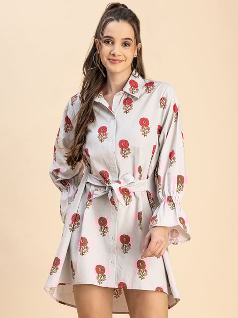 Moomaya Pink Cotton Floral Print Shirt Dress-picture-16