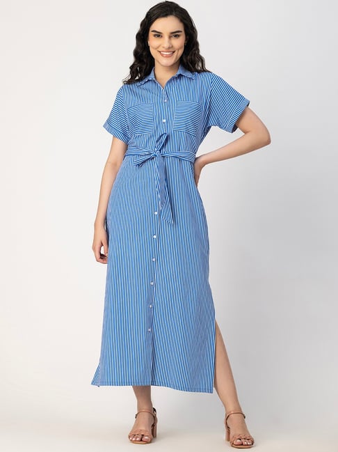 Moomaya Blue & White Cotton Striped Shirt Dress-picture-24