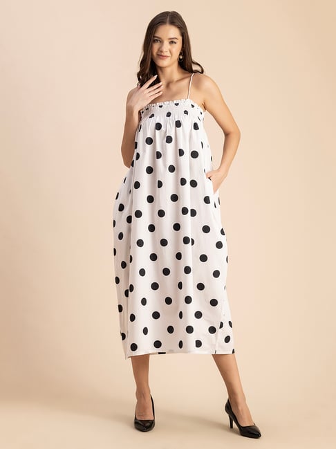 Buy Moomaya White Black Cotton Polka Dot Midi Dress for Women