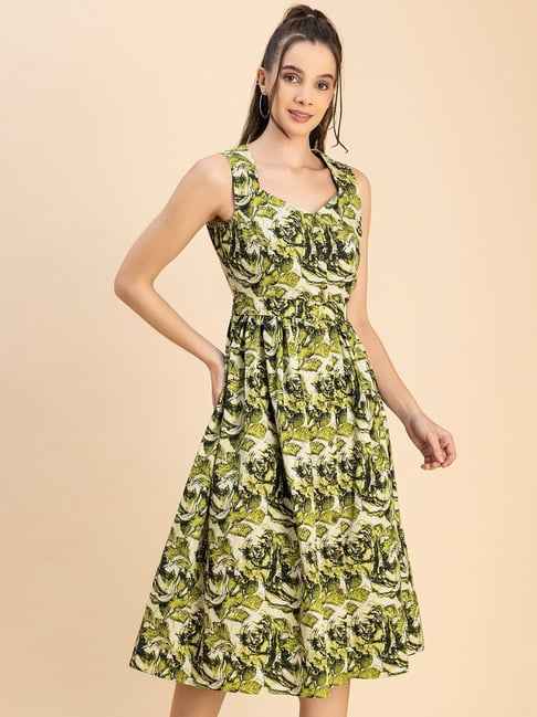 Moomaya Olive Cotton Printed Shirt Dress-picture-22