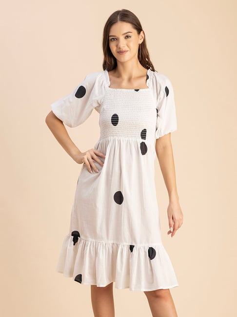 Moomaya White & Black Cotton Polka Dot Fit & Flare Dress-picture-22