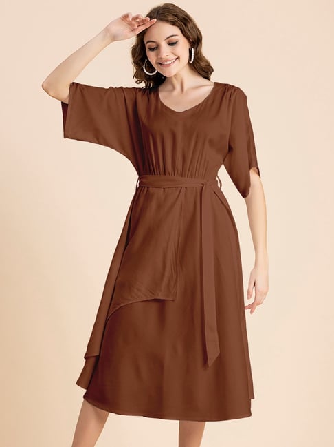 Moomaya Rust Regular Fit Wrap Dress-picture-30