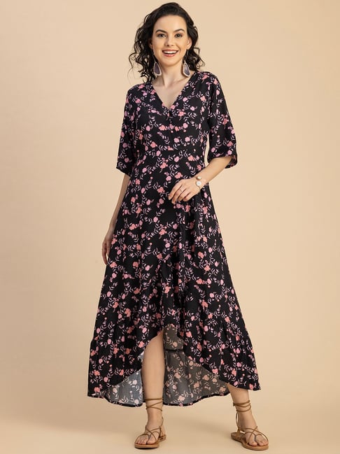 Moomaya Black Pink Floral Print High-low Dress