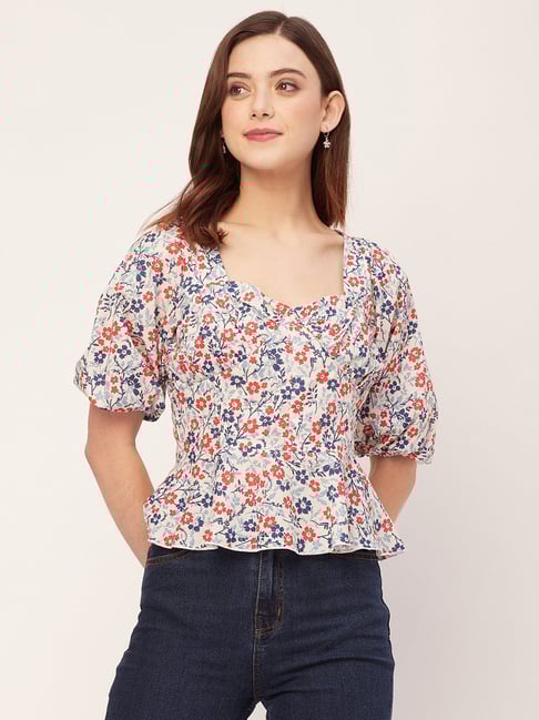 Moomaya Off White Cotton Floral Print Peplum Top-picture-41