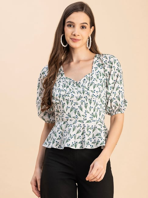 Moomaya White Cotton Floral Print Peplum Top-picture-29