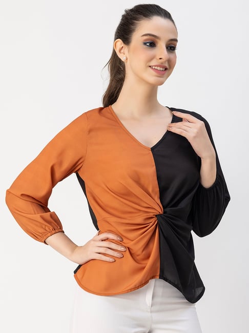 Moomaya Black & Orange Color-Block Top-picture-10