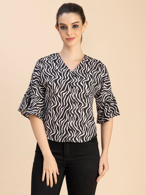 Moomaya Black & White Cotton Printed Top-picture-22