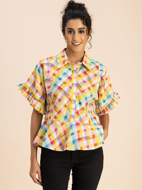 Moomaya Multicolor Cotton Checks Peplum Top-picture-46