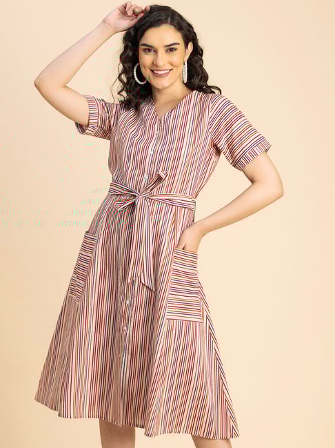 Moomaya Multicolor Cotton Striped Shirt Dress-picture-15