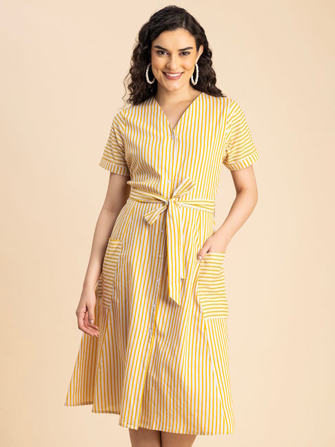 Buy Moomaya Yellow White Cotton Striped Shirt Dress for Women