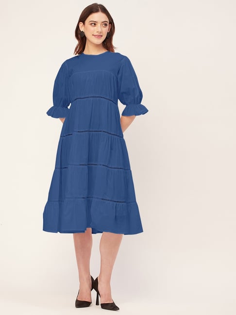 Moomaya Blue Cotton Relaxed Fit Midi Dress-picture-18